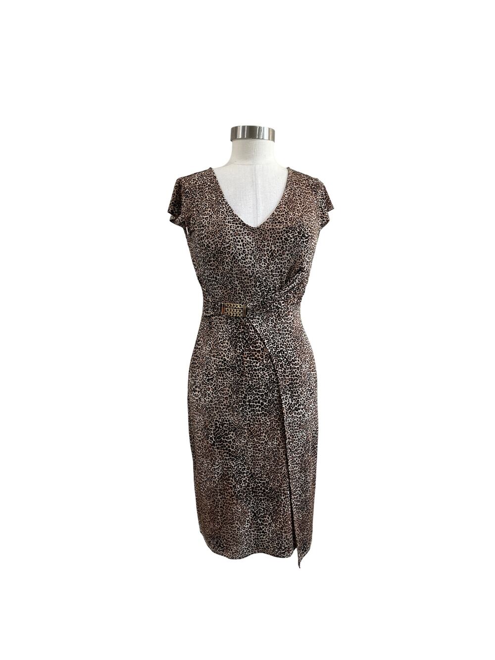 WHBM Cheetah Print Faux‎ Wrap Dress Chain Detail Animal Print XS NWT Chic
